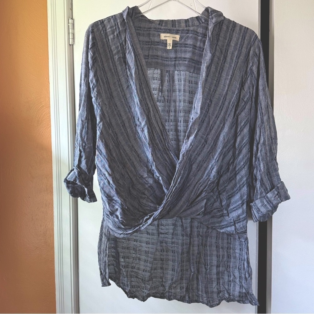 Silence + Noise Blue and White Wrap Blouse with Cuffed Sleeves